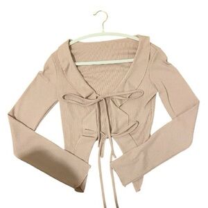 Dazy Salmon Long Sleeve Ribbed Tie-Front Top